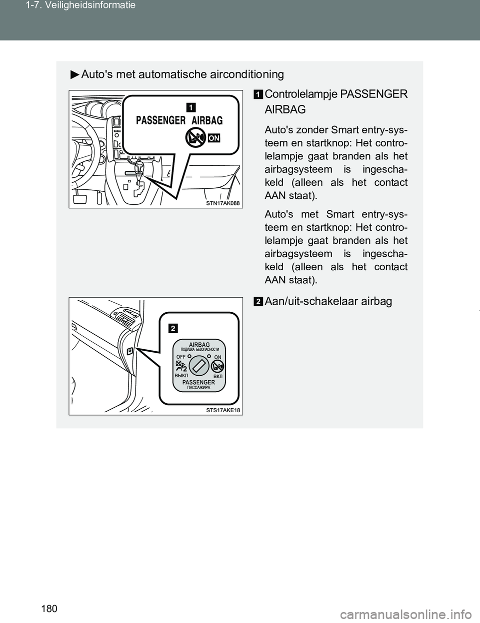 TOYOTA VERSO 2017 Instructieboekje (in Dutch) 180 1-7. Veiligheidsinformatie
VERSO_EE_OM64517E
Auto's met automatische airconditioning
Controlelampje PASSENGER
AIRBAG
Auto's zonder Smart entry-sys-
teem en startknop: Het contro-
lelam TOYOTA VERSO 2017 Instructieboekje (in Dutch) 180 1-7. Veiligheidsinformatie
VERSO_EE_OM64517E
Auto's met automatische airconditioning
Controlelampje PASSENGER
AIRBAG
Auto's zonder Smart entry-sys-
teem en startknop: Het contro-
lelam
