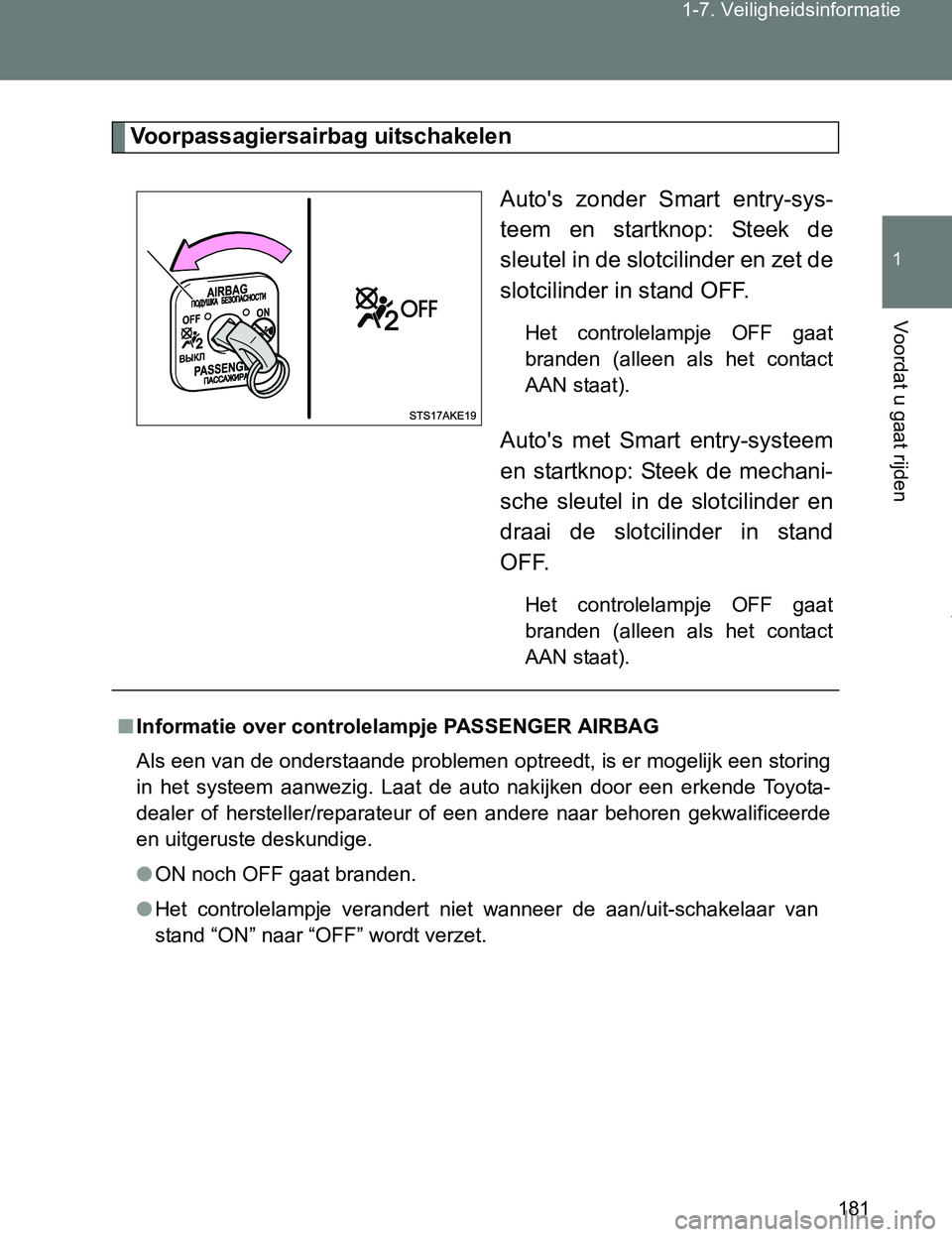 TOYOTA VERSO 2017 Instructieboekje (in Dutch) 181 1-7. Veiligheidsinformatie
1
Voordat u gaat rijden
VERSO_EE_OM64517E
Voorpassagiersairbag uitschakelen
Auto's zonder Smart entry-sys-
teem en startknop: Steek de
sleutel in de slotcilin TOYOTA VERSO 2017 Instructieboekje (in Dutch) 181 1-7. Veiligheidsinformatie
1
Voordat u gaat rijden
VERSO_EE_OM64517E
Voorpassagiersairbag uitschakelen
Auto's zonder Smart entry-sys-
teem en startknop: Steek de
sleutel in de slotcilin