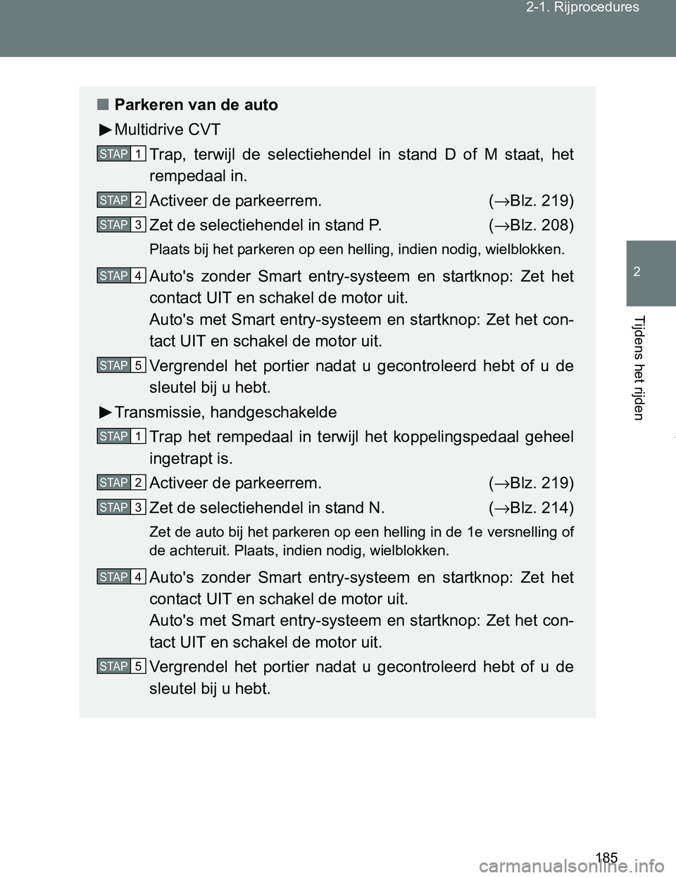 TOYOTA VERSO 2017 Instructieboekje (in Dutch) 185 2-1. Rijprocedures
2
Tijdens het rijden
VERSO_EE_OM64517E
■Parkeren van de auto
Multidrive CVT
Trap, terwijl de selectiehendel in stand D of M staat, het
rempedaal in.
Activeer de parke TOYOTA VERSO 2017 Instructieboekje (in Dutch) 185 2-1. Rijprocedures
2
Tijdens het rijden
VERSO_EE_OM64517E
■Parkeren van de auto
Multidrive CVT
Trap, terwijl de selectiehendel in stand D of M staat, het
rempedaal in.
Activeer de parke