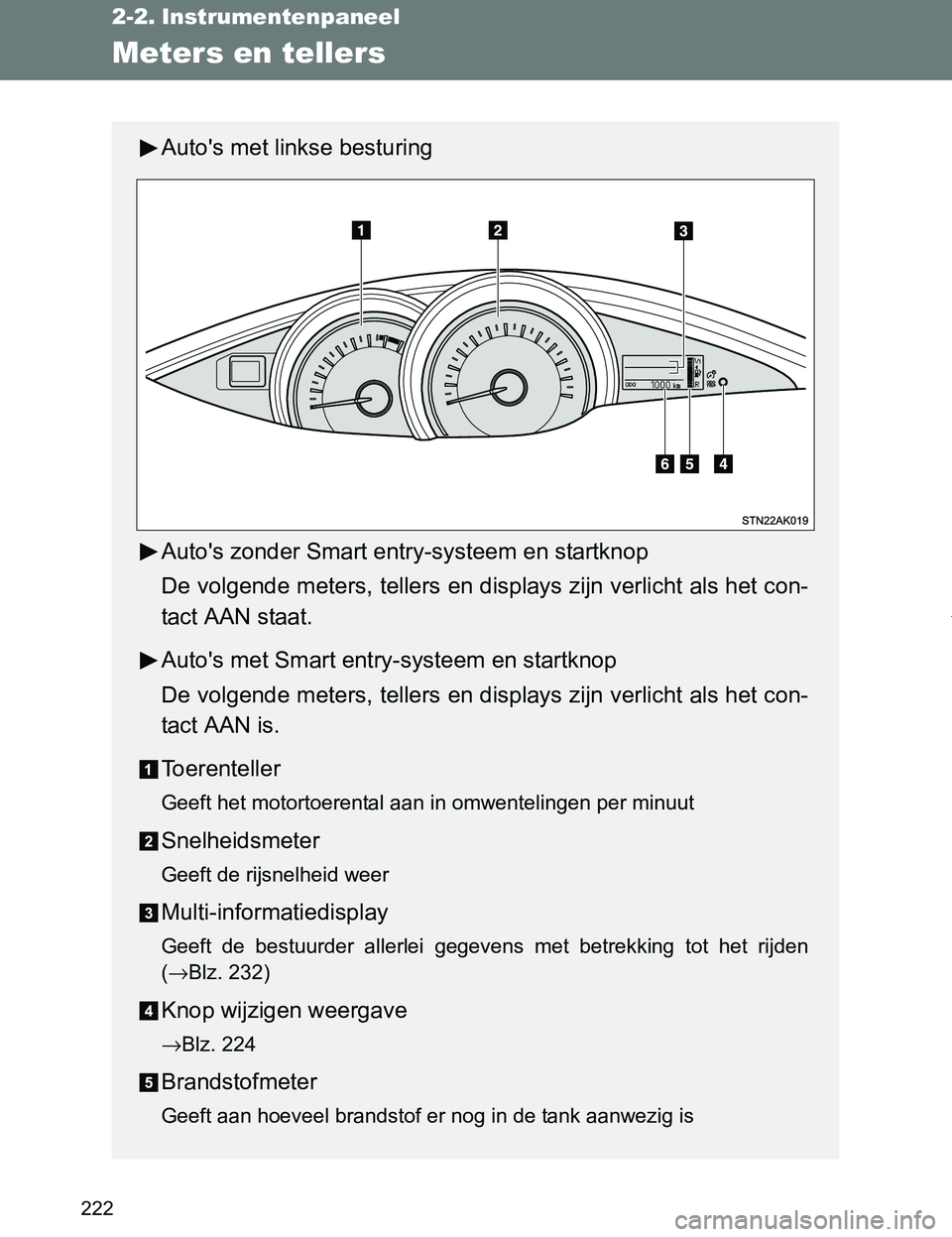 TOYOTA VERSO 2017 Instructieboekje (in Dutch) 222
VERSO_EE_OM64517E
2-2. Instrumentenpaneel
Meters en tellers
Auto's met linkse besturing
Auto's zonder Smart entry-systeem en startknop
De volgende meters, tellers en displays zijn verlicht TOYOTA VERSO 2017 Instructieboekje (in Dutch) 222
VERSO_EE_OM64517E
2-2. Instrumentenpaneel
Meters en tellers
Auto's met linkse besturing
Auto's zonder Smart entry-systeem en startknop
De volgende meters, tellers en displays zijn verlicht