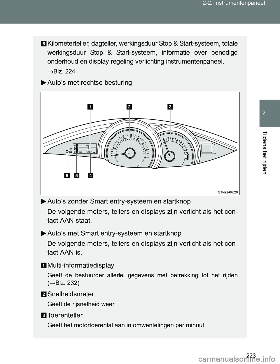 TOYOTA VERSO 2017 Instructieboekje (in Dutch) 223 2-2. Instrumentenpaneel
2
Tijdens het rijden
VERSO_EE_OM64517E
Kilometerteller, dagteller, werkingsduur Stop & Start-systeem, totale
werkingsduur Stop & Start-systeem, informatie over benodi TOYOTA VERSO 2017 Instructieboekje (in Dutch) 223 2-2. Instrumentenpaneel
2
Tijdens het rijden
VERSO_EE_OM64517E
Kilometerteller, dagteller, werkingsduur Stop & Start-systeem, totale
werkingsduur Stop & Start-systeem, informatie over benodi