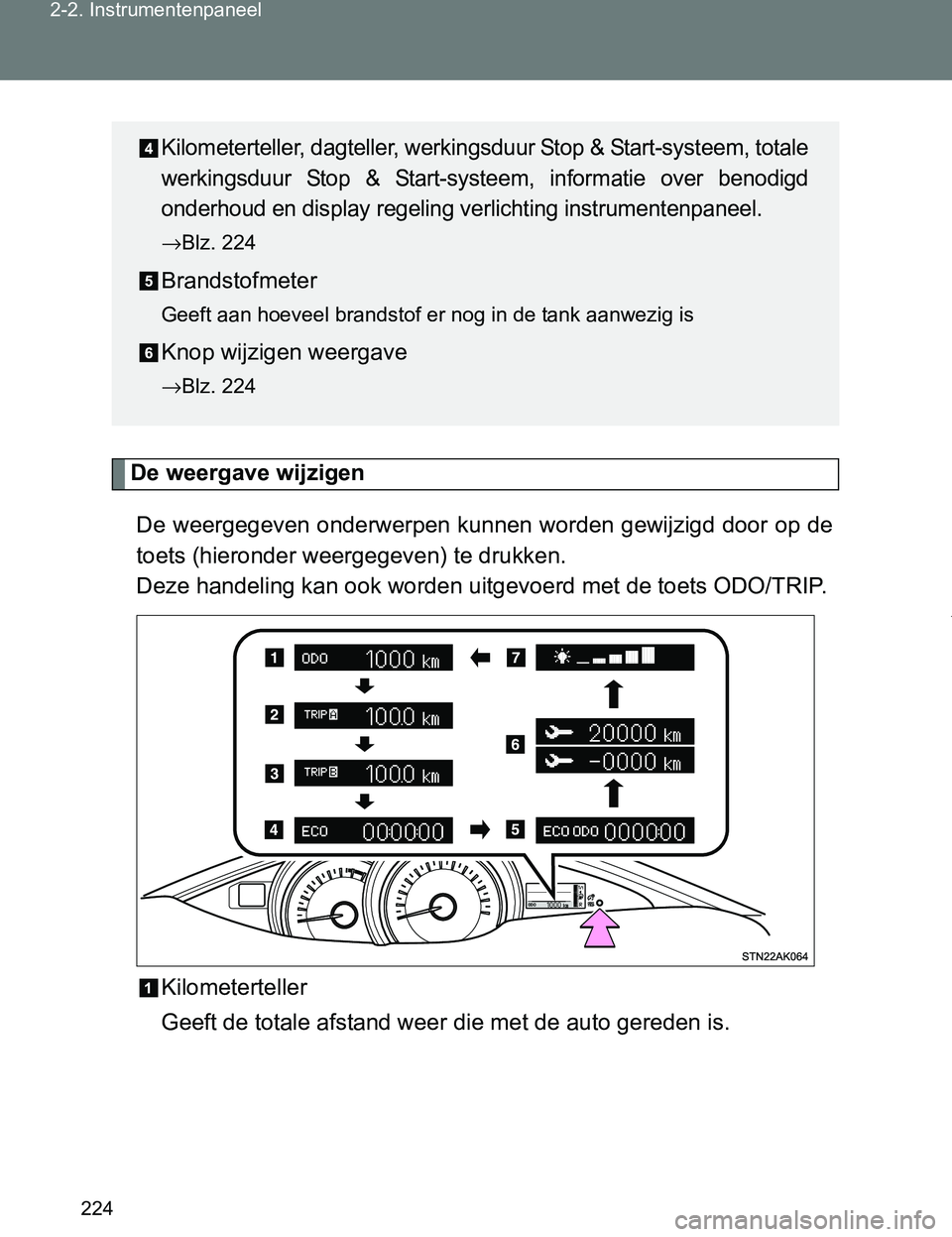 TOYOTA VERSO 2017 Instructieboekje (in Dutch) 224 2-2. Instrumentenpaneel
VERSO_EE_OM64517E
De weergave wijzigen
De weergegeven onderwerpen kunnen worden gewijzigd door op de
toets (hieronder weergegeven) te drukken.
Deze handeling kan ook worde TOYOTA VERSO 2017 Instructieboekje (in Dutch) 224 2-2. Instrumentenpaneel
VERSO_EE_OM64517E
De weergave wijzigen
De weergegeven onderwerpen kunnen worden gewijzigd door op de
toets (hieronder weergegeven) te drukken.
Deze handeling kan ook worde