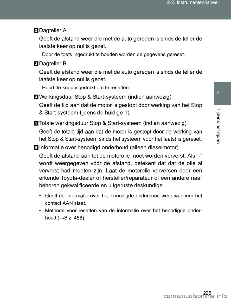 TOYOTA VERSO 2017 Instructieboekje (in Dutch) 225 2-2. Instrumentenpaneel
2
Tijdens het rijden
VERSO_EE_OM64517EDagteller A
Geeft de afstand weer die met de auto gereden is sinds de teller de
laatste keer op nul is gezet.
Door de toets ingedrukt TOYOTA VERSO 2017 Instructieboekje (in Dutch) 225 2-2. Instrumentenpaneel
2
Tijdens het rijden
VERSO_EE_OM64517EDagteller A
Geeft de afstand weer die met de auto gereden is sinds de teller de
laatste keer op nul is gezet.
Door de toets ingedrukt