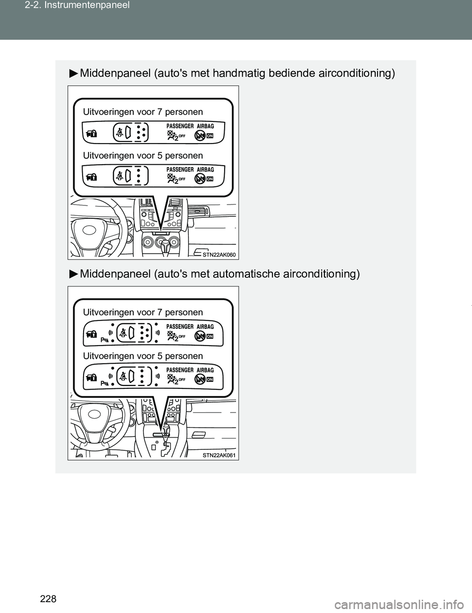 TOYOTA VERSO 2017 Instructieboekje (in Dutch) 228 2-2. Instrumentenpaneel
VERSO_EE_OM64517E
Middenpaneel (auto's met handmatig bediende airconditioning)
Middenpaneel (auto's met automatische airconditioning)
Uitvoeringen voor 7 personen
U TOYOTA VERSO 2017 Instructieboekje (in Dutch) 228 2-2. Instrumentenpaneel
VERSO_EE_OM64517E
Middenpaneel (auto's met handmatig bediende airconditioning)
Middenpaneel (auto's met automatische airconditioning)
Uitvoeringen voor 7 personen
U