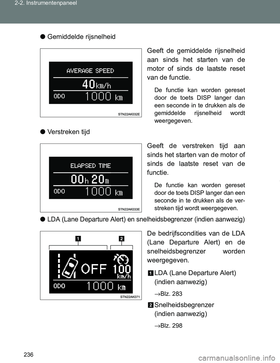 TOYOTA VERSO 2017  Instructieboekje (in Dutch) 236 2-2. Instrumentenpaneel
VERSO_EE_OM64517E●Gemiddelde rijsnelheid
Geeft  de  gemiddelde  rijsnelheid
aan  sinds  het  starten  van  de
motor  of  sinds  de  laatste  reset
van de functie.
De  fun