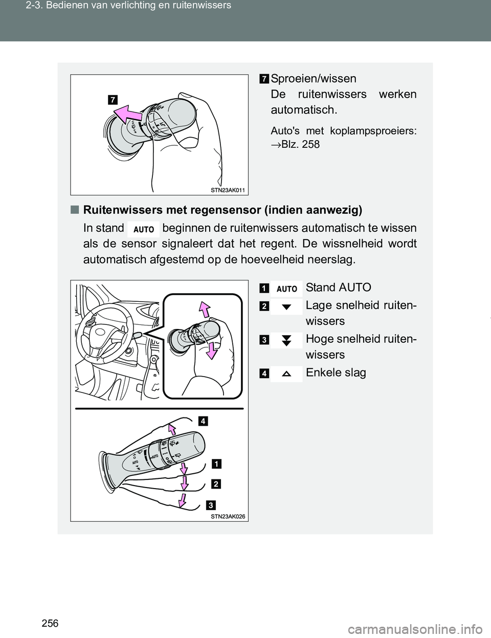 TOYOTA VERSO 2017 Instructieboekje (in Dutch) 256 2-3. Bedienen van verlichting en ruitenwissers
VERSO_EE_OM64517E
Sproeien/wissen
De ruitenwissers werken
automatisch.
Auto's met koplampsproeiers:
→Blz. 258
■Ruitenwissers met regense TOYOTA VERSO 2017 Instructieboekje (in Dutch) 256 2-3. Bedienen van verlichting en ruitenwissers
VERSO_EE_OM64517E
Sproeien/wissen
De ruitenwissers werken
automatisch.
Auto's met koplampsproeiers:
→Blz. 258
■Ruitenwissers met regense