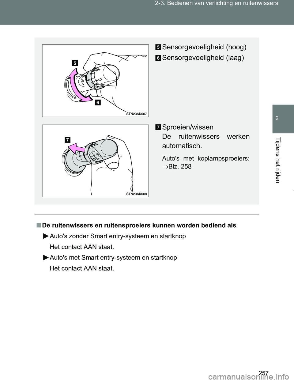 TOYOTA VERSO 2017 Instructieboekje (in Dutch) 257 2-3. Bedienen van verlichting en ruitenwissers
2
Tijdens het rijden
VERSO_EE_OM64517E
■De ruitenwissers en ruitensproeiers kunnen worden bediend als
Auto's zonder Smart entry-systeem en star TOYOTA VERSO 2017 Instructieboekje (in Dutch) 257 2-3. Bedienen van verlichting en ruitenwissers
2
Tijdens het rijden
VERSO_EE_OM64517E
■De ruitenwissers en ruitensproeiers kunnen worden bediend als
Auto's zonder Smart entry-systeem en star