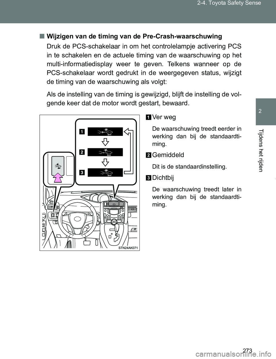 TOYOTA VERSO 2017 Instructieboekje (in Dutch) 273 2-4. Toyota Safety Sense
2
Tijdens het rijden
VERSO_EE_OM64517E■Wijzigen van de timing van de Pre-Crash-waarschuwing
Druk de PCS-schakelaar in om het controlelampje activering PCS
in te schakel TOYOTA VERSO 2017 Instructieboekje (in Dutch) 273 2-4. Toyota Safety Sense
2
Tijdens het rijden
VERSO_EE_OM64517E■Wijzigen van de timing van de Pre-Crash-waarschuwing
Druk de PCS-schakelaar in om het controlelampje activering PCS
in te schakel