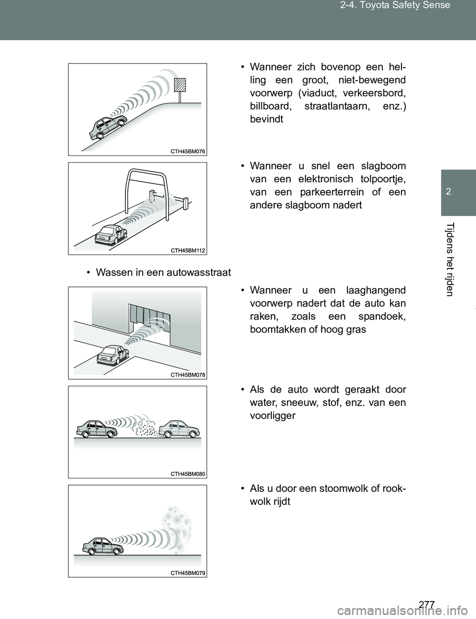 TOYOTA VERSO 2017 Instructieboekje (in Dutch) 277 2-4. Toyota Safety Sense
2
Tijdens het rijden
VERSO_EE_OM64517E
• Wassen in een autowasstraat• Wanneer zich bovenop een hel-
ling een groot, niet-bewegend
voorwerp (viaduct, verkeersb TOYOTA VERSO 2017 Instructieboekje (in Dutch) 277 2-4. Toyota Safety Sense
2
Tijdens het rijden
VERSO_EE_OM64517E
• Wassen in een autowasstraat• Wanneer zich bovenop een hel-
ling een groot, niet-bewegend
voorwerp (viaduct, verkeersb