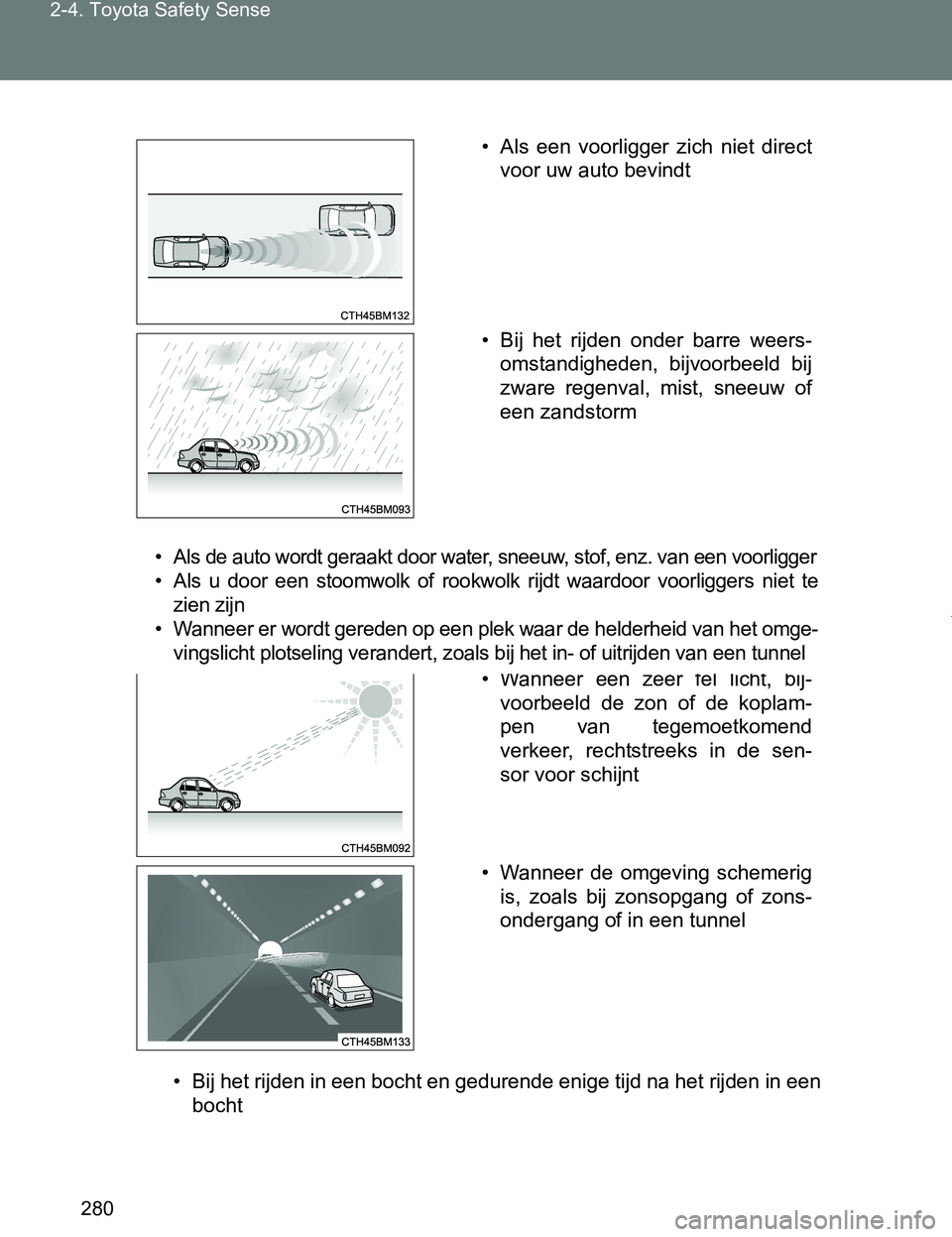 TOYOTA VERSO 2017 Instructieboekje (in Dutch) 280 2-4. Toyota Safety Sense
VERSO_EE_OM64517E
• Als de auto wordt geraakt door water, sneeuw, stof, enz. van een voorligger
• Als u door een stoomwolk of rookwolk rijdt waardoor voorliggers niet TOYOTA VERSO 2017 Instructieboekje (in Dutch) 280 2-4. Toyota Safety Sense
VERSO_EE_OM64517E
• Als de auto wordt geraakt door water, sneeuw, stof, enz. van een voorligger
• Als u door een stoomwolk of rookwolk rijdt waardoor voorliggers niet