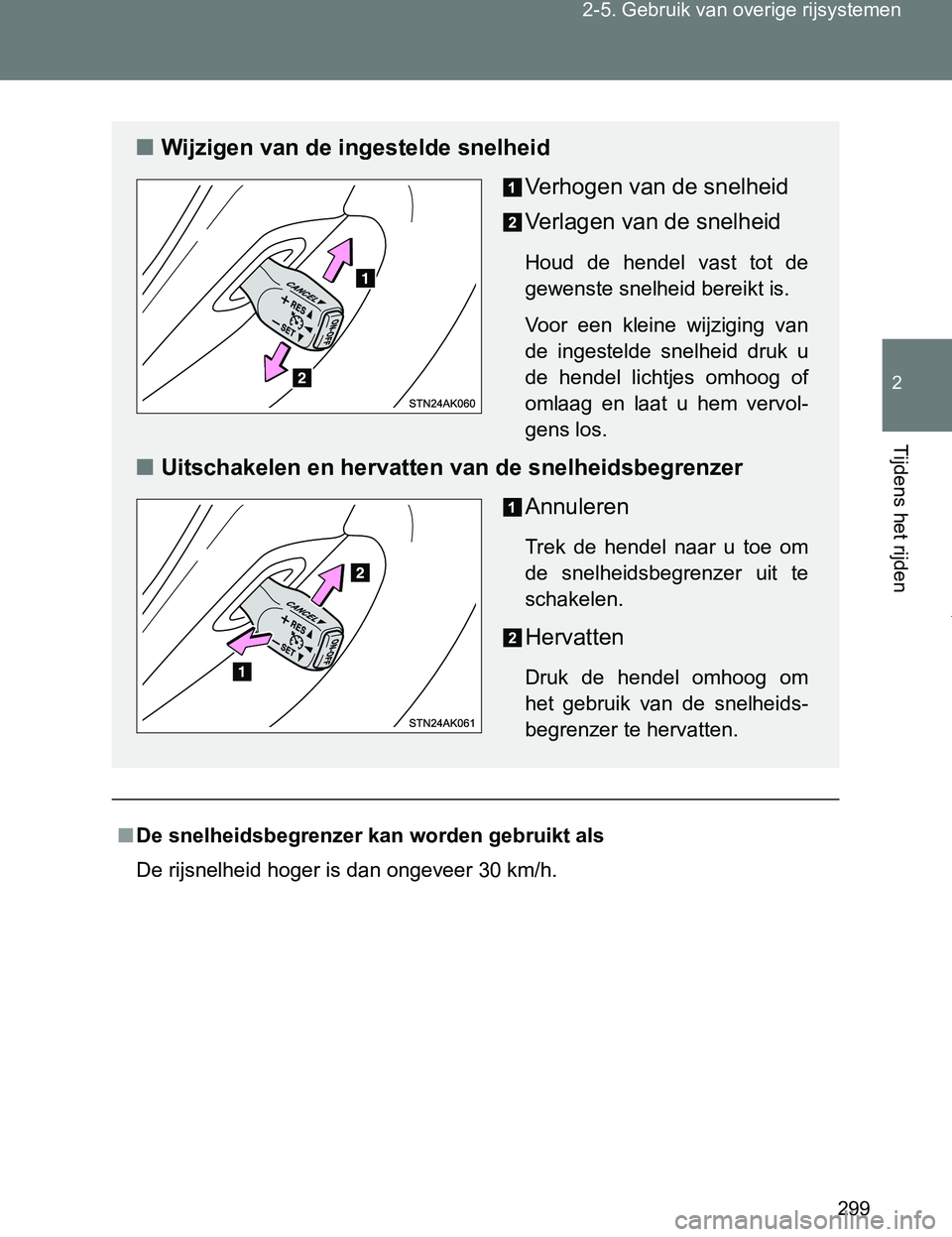 TOYOTA VERSO 2017  Instructieboekje (in Dutch) 299 2-5. Gebruik van overige rijsystemen
2
Tijdens het rijden
VERSO_EE_OM64517E
■De snelheidsbegrenzer kan worden gebruikt als
De rijsnelheid hoger is dan ongeveer 30 km/h.
■Wijzigen van de ingest