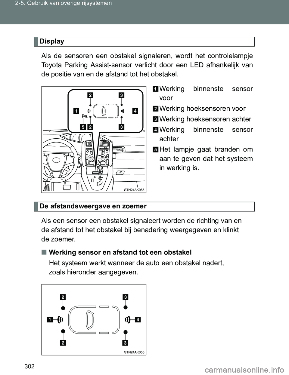 TOYOTA VERSO 2017  Instructieboekje (in Dutch) 302 2-5. Gebruik van overige rijsystemen
VERSO_EE_OM64517E
Display
Als  de  sensoren  een  obstakel  signaleren,  wordt  het  controlelampje
Toyota  Parking  Assist-sensor  verlicht  door  een  LED  a