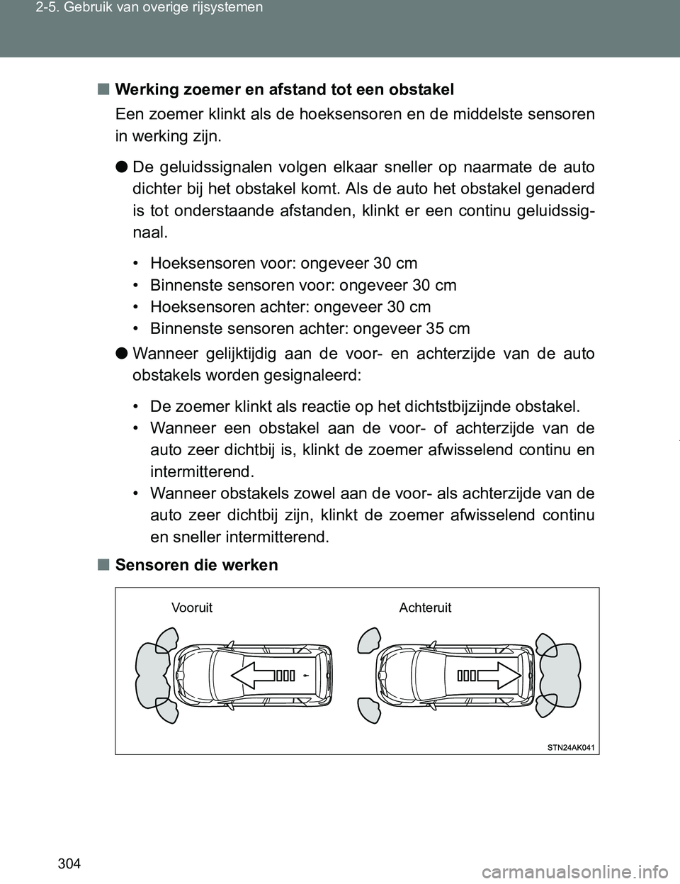 TOYOTA VERSO 2017  Instructieboekje (in Dutch) 304 2-5. Gebruik van overige rijsystemen
VERSO_EE_OM64517E■Werking zoemer en afstand tot een obstakel
Een zoemer klinkt als de hoeksensoren en de middelste sensoren
in werking zijn.
●De  geluidssi