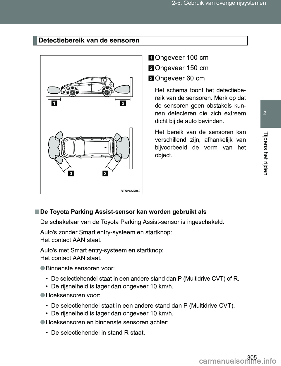 TOYOTA VERSO 2017  Instructieboekje (in Dutch) 305 2-5. Gebruik van overige rijsystemen
2
Tijdens het rijden
VERSO_EE_OM64517E
Detectiebereik van de sensoren
Ongeveer 100 cm
Ongeveer 150 cm
Ongeveer 60 cm
Het  schema  toont  het  detectiebe-
reik 