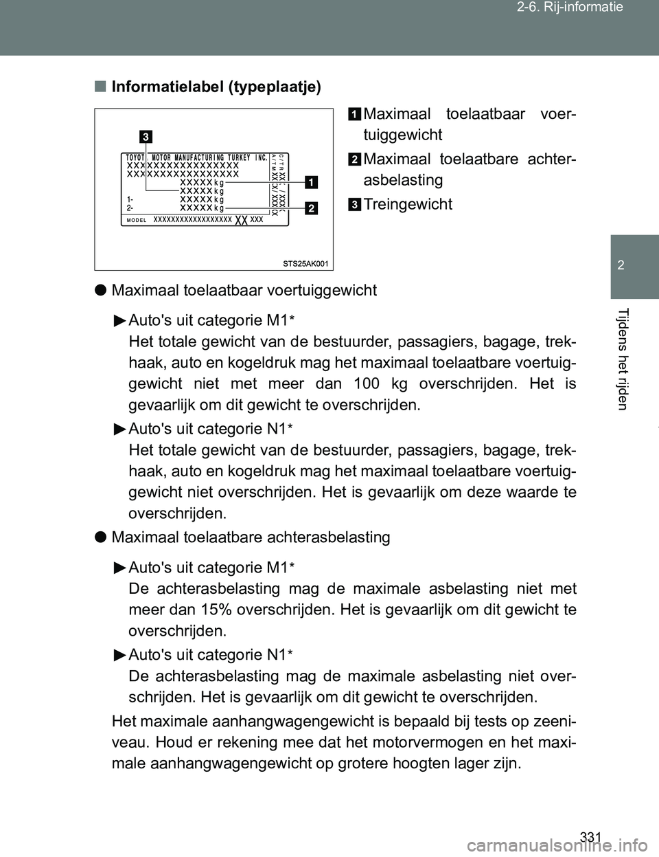 TOYOTA VERSO 2017  Instructieboekje (in Dutch) 331 2-6. Rij-informatie
2
Tijdens het rijden
VERSO_EE_OM64517E■Informatielabel (typeplaatje)
Maximaal  toelaatbaar  voer-
tuiggewicht
Maximaal  toelaatbare  achter-
asbelasting
Treingewicht
●Maxim