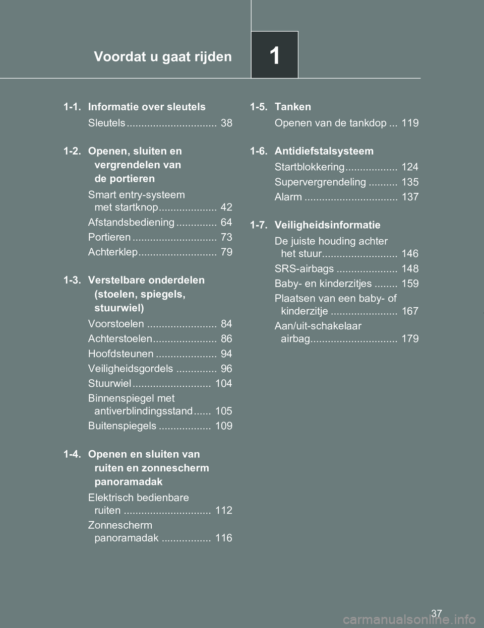 TOYOTA VERSO 2017 Instructieboekje (in Dutch) 1Voordat u gaat rijden
37
VERSO_EE_OM64517E
1-1. Informatie over sleutels
Sleutels ............................... 38
1-2. Openen, sluiten en
vergrendelen van
de portieren
Smart entry-systeem
met TOYOTA VERSO 2017 Instructieboekje (in Dutch) 1Voordat u gaat rijden
37
VERSO_EE_OM64517E
1-1. Informatie over sleutels
Sleutels ............................... 38
1-2. Openen, sluiten en
vergrendelen van
de portieren
Smart entry-systeem
met