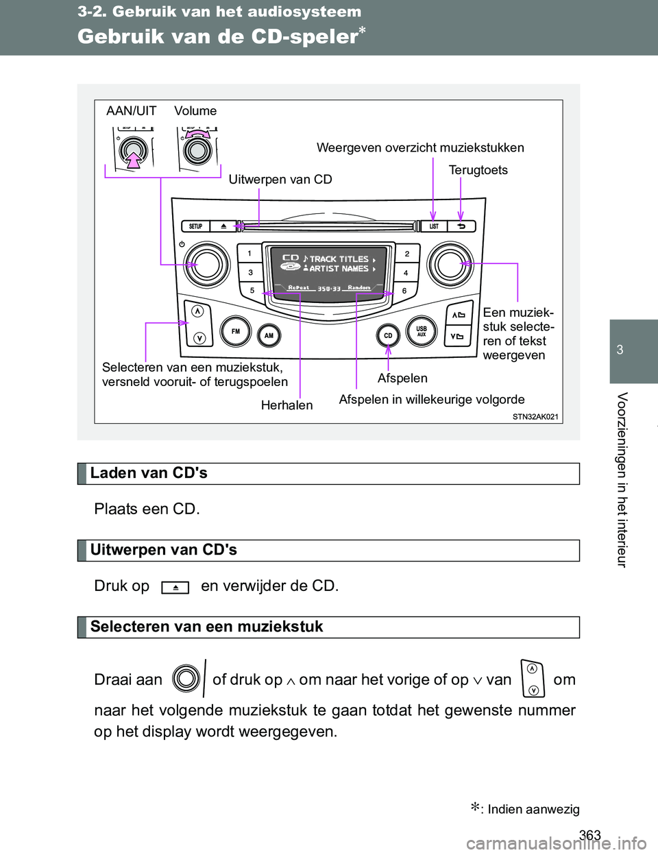 TOYOTA VERSO 2017  Instructieboekje (in Dutch) 363
3-2. Gebruik van het audiosysteem
3
Voorzieningen in het interieur
VERSO_EE_OM64517E
Gebruik van de CD-speler∗
Laden van CD's
Plaats een CD.
Uitwerpen van CD's
Druk op   en verwijder de 
