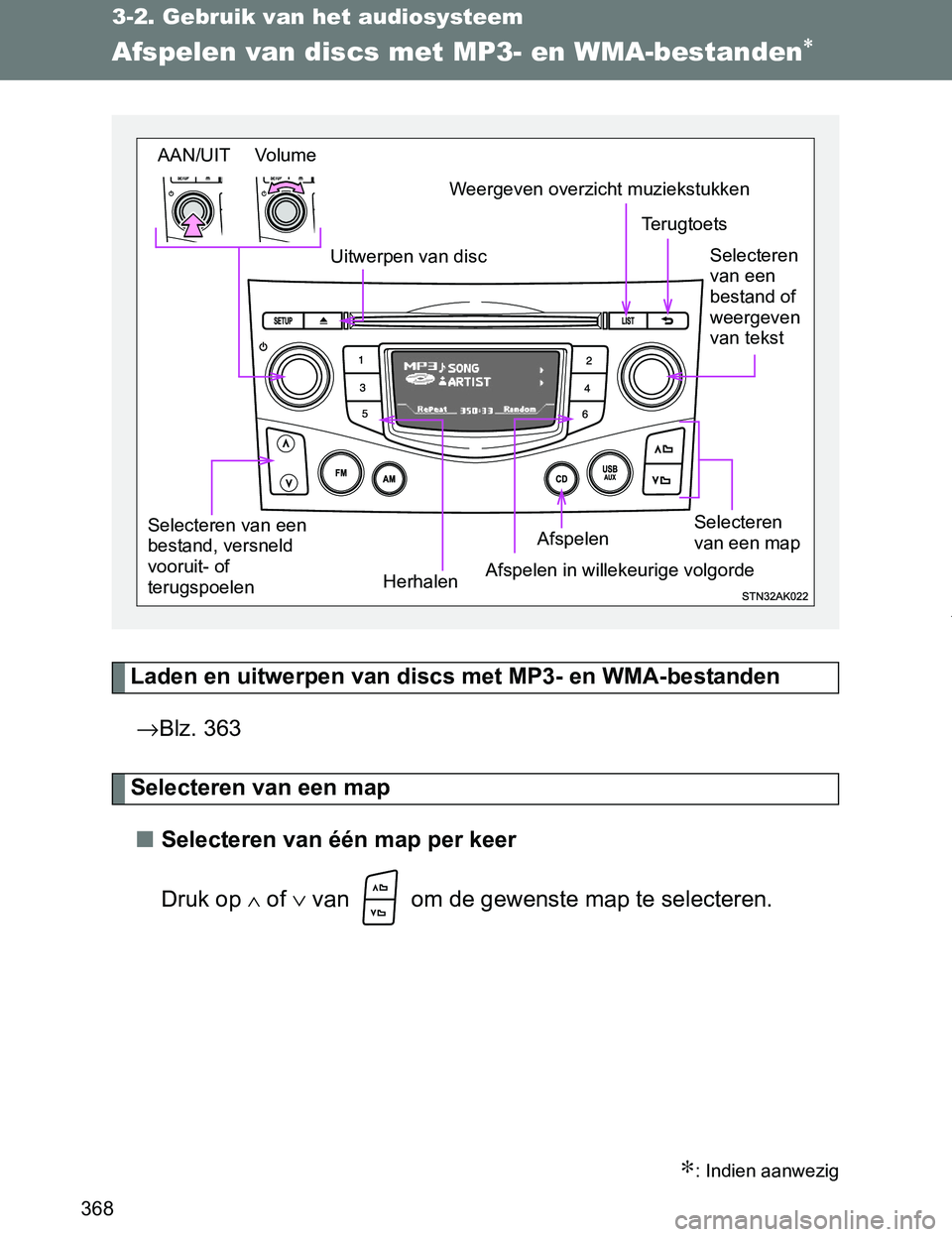 TOYOTA VERSO 2017  Instructieboekje (in Dutch) 368
3-2. Gebruik van het audiosysteem
VERSO_EE_OM64517E
Afspelen van discs met MP3- en WMA-bestanden∗
Laden en uitwerpen van discs met MP3- en WMA-bestanden
→Blz. 363
Selecteren van een map
■Sel