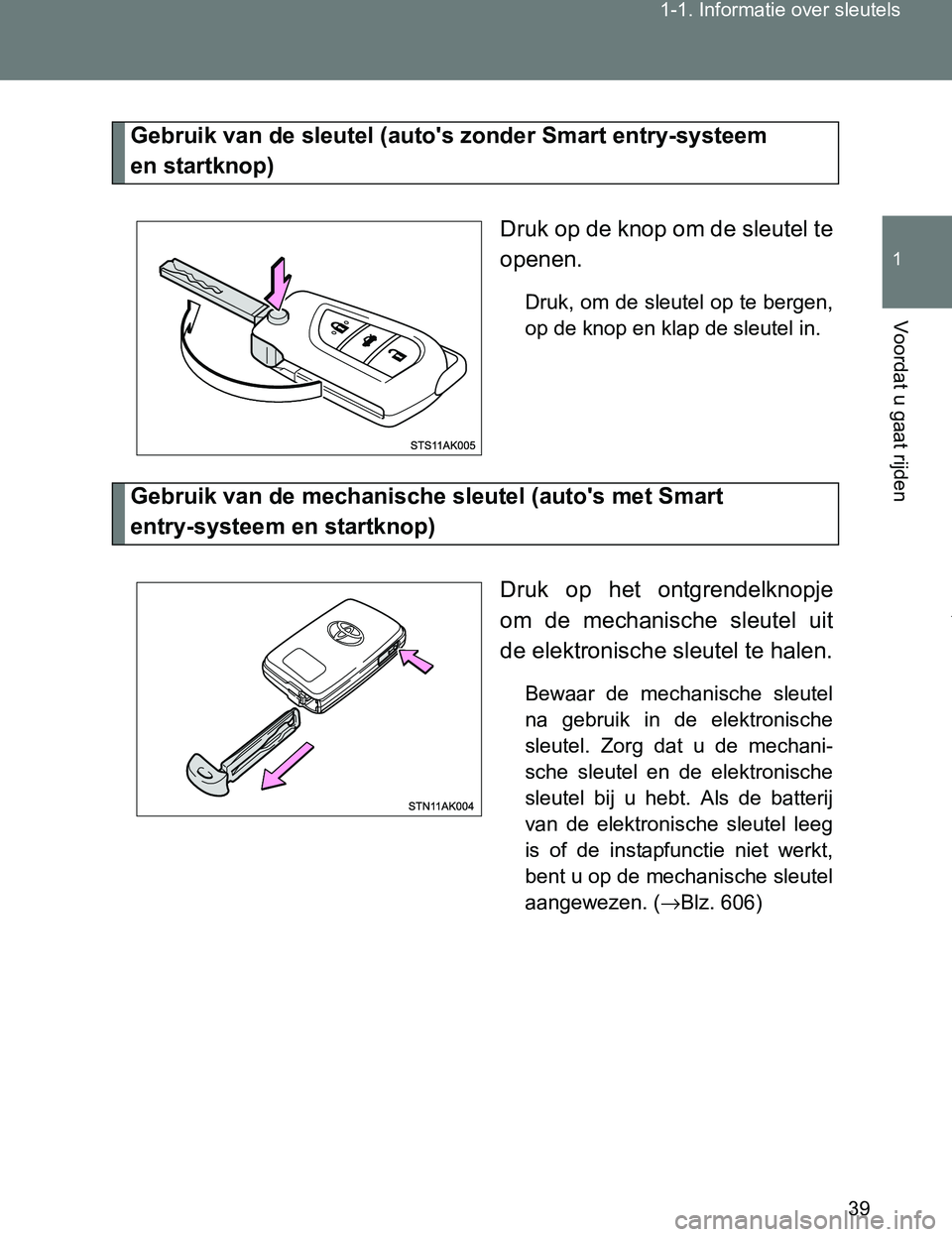 TOYOTA VERSO 2017 Instructieboekje (in Dutch) 39 1-1. Informatie over sleutels
1
Voordat u gaat rijden
VERSO_EE_OM64517E
Gebruik van de sleutel (auto's zonder Smart entry-systeem
en startknop)
Druk op de knop om de sleutel te
openen.
Druk, o TOYOTA VERSO 2017 Instructieboekje (in Dutch) 39 1-1. Informatie over sleutels
1
Voordat u gaat rijden
VERSO_EE_OM64517E
Gebruik van de sleutel (auto's zonder Smart entry-systeem
en startknop)
Druk op de knop om de sleutel te
openen.
Druk, o