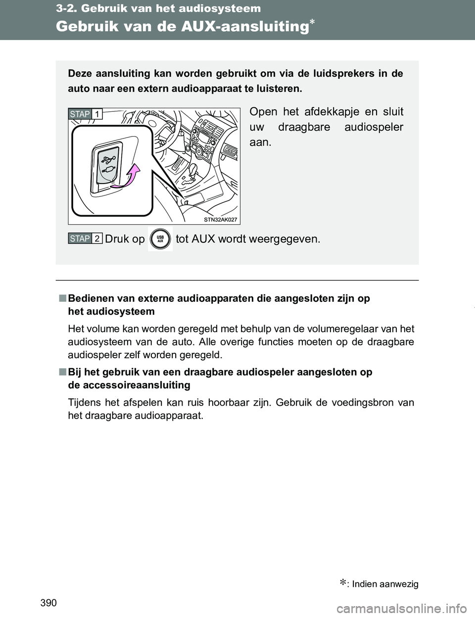 TOYOTA VERSO 2017  Instructieboekje (in Dutch) 390
3-2. Gebruik van het audiosysteem
VERSO_EE_OM64517E
Gebruik van de AUX-aansluiting∗
∗: Indien aanwezig
■Bedienen van externe audioapparaten die aangesloten zijn op 
het audiosysteem
Het volu