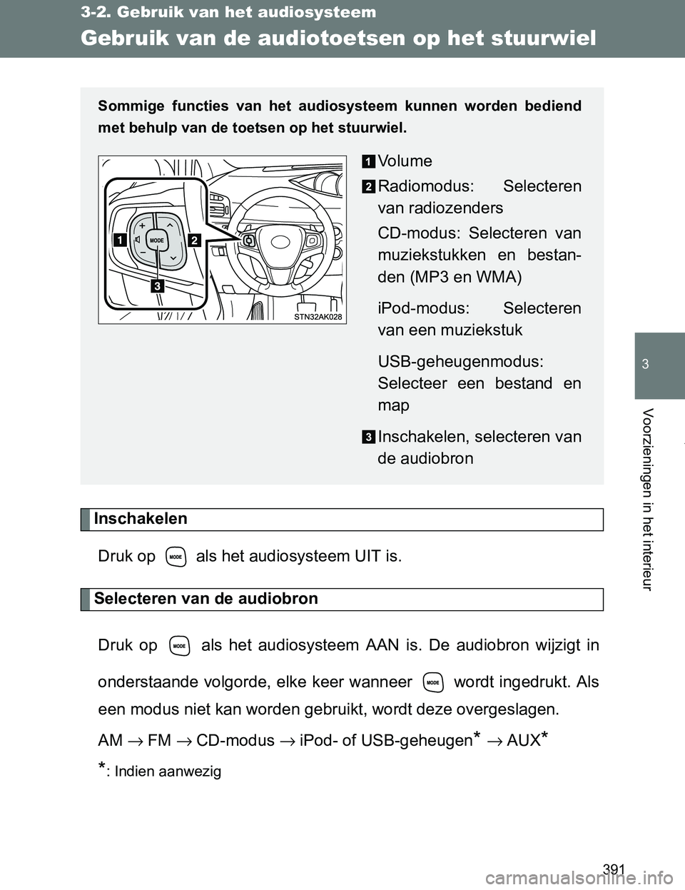 TOYOTA VERSO 2017  Instructieboekje (in Dutch) 391
3-2. Gebruik van het audiosysteem
3
Voorzieningen in het interieur
VERSO_EE_OM64517E
Gebruik van de audiotoetsen op het stuurwiel
Inschakelen
Druk op   als het audiosysteem UIT is.
Selecteren van 