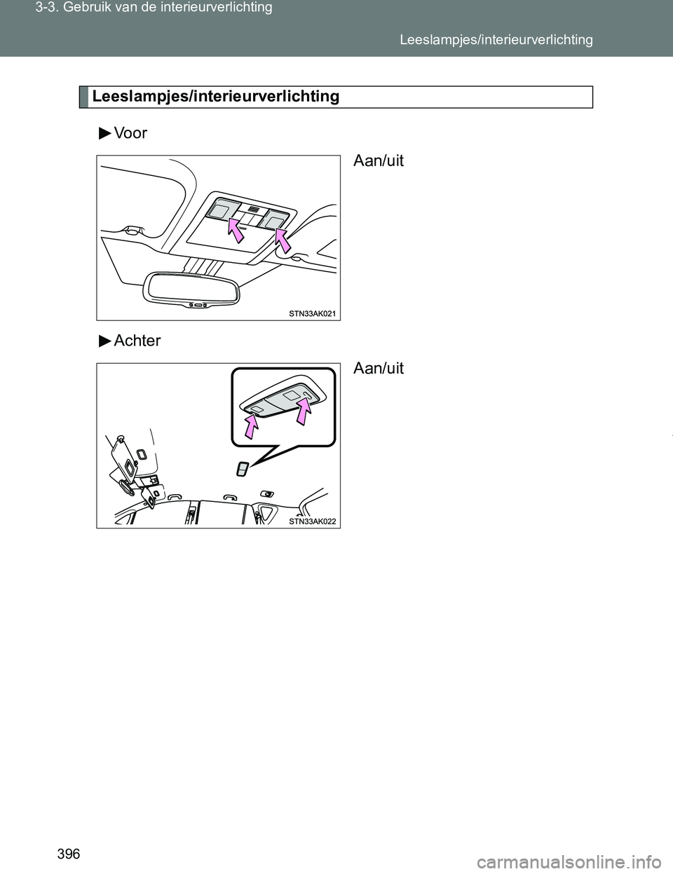 TOYOTA VERSO 2017  Instructieboekje (in Dutch) 396 3-3. Gebruik van de interieurverlichting
VERSO_EE_OM64517E
Leeslampjes/interieurverlichting
Vo o r
Aan/uit
Achter
Aan/uit
Leeslampjes/interieurverlichting
VERSO_OM_Europe_OM64517E.book  Page 396  