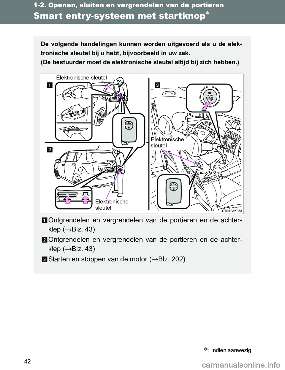 TOYOTA VERSO 2017 Instructieboekje (in Dutch) 42
VERSO_EE_OM64517E
1-2. Openen, sluiten en vergrendelen van de portieren
Smart entr y-systeem met startknop∗
∗: Indien aanwezig
De volgende handelingen kunnen worden uitgevoerd als u de TOYOTA VERSO 2017 Instructieboekje (in Dutch) 42
VERSO_EE_OM64517E
1-2. Openen, sluiten en vergrendelen van de portieren
Smart entr y-systeem met startknop∗
∗: Indien aanwezig
De volgende handelingen kunnen worden uitgevoerd als u de