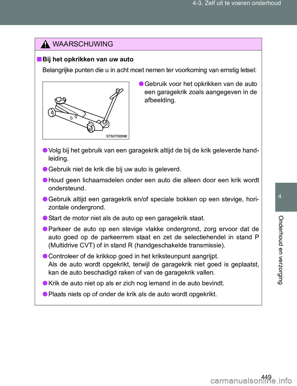 TOYOTA VERSO 2017 Instructieboekje (in Dutch) 449 4-3. Zelf uit te voeren onderhoud
4
Onderhoud en verzorging
VERSO_EE_OM64517E
WAARSCHUWING
■Bij het opkrikken van uw auto
Belangrijke punten die u in acht moet nemen ter voorkoming van ernstig l TOYOTA VERSO 2017 Instructieboekje (in Dutch) 449 4-3. Zelf uit te voeren onderhoud
4
Onderhoud en verzorging
VERSO_EE_OM64517E
WAARSCHUWING
■Bij het opkrikken van uw auto
Belangrijke punten die u in acht moet nemen ter voorkoming van ernstig l