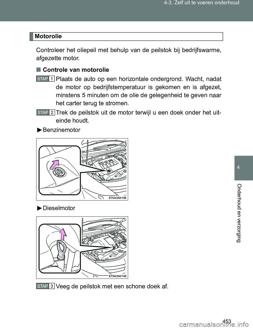 TOYOTA VERSO 2017 Instructieboekje (in Dutch) 453 4-3. Zelf uit te voeren onderhoud
4
Onderhoud en verzorging
VERSO_EE_OM64517E
Motorolie
Controleer het oliepeil met behulp van de peilstok bij bedrijfswarme,
afgezette motor.
■Controle TOYOTA VERSO 2017 Instructieboekje (in Dutch) 453 4-3. Zelf uit te voeren onderhoud
4
Onderhoud en verzorging
VERSO_EE_OM64517E
Motorolie
Controleer het oliepeil met behulp van de peilstok bij bedrijfswarme,
afgezette motor.
■Controle