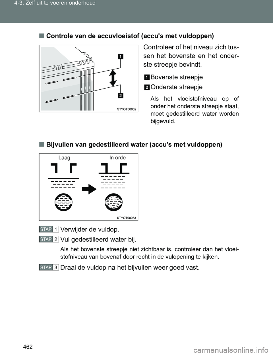 TOYOTA VERSO 2017  Instructieboekje (in Dutch) 462 4-3. Zelf uit te voeren onderhoud
VERSO_EE_OM64517E■Controle van de accuvloeistof (accu's met vuldoppen)
Controleer of het niveau zich tus-
sen  het  bovenste  en  het  onder-
ste streepje b