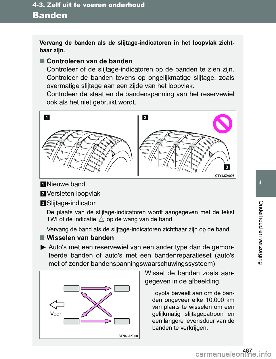 TOYOTA VERSO 2017  Instructieboekje (in Dutch) 467
4-3. Zelf uit te voeren onderhoud
4
Onderhoud en verzorging
VERSO_EE_OM64517E
Banden
Vervang  de  banden  als  de  slijtage-indicatoren  in  het  loopvlak  zicht-
baar zijn.
■Controleren van de 