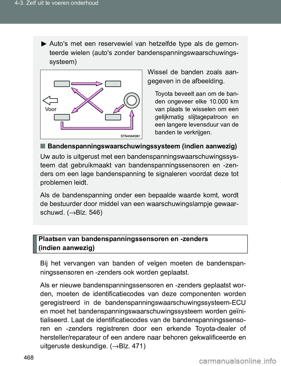 TOYOTA VERSO 2017  Instructieboekje (in Dutch) 468 4-3. Zelf uit te voeren onderhoud
VERSO_EE_OM64517E
Plaatsen van bandenspanningssensoren en -zenders 
(indien aanwezig)
Bij  het  vervangen  van  banden  of  velgen  moeten  de  bandenspan-
ningss
