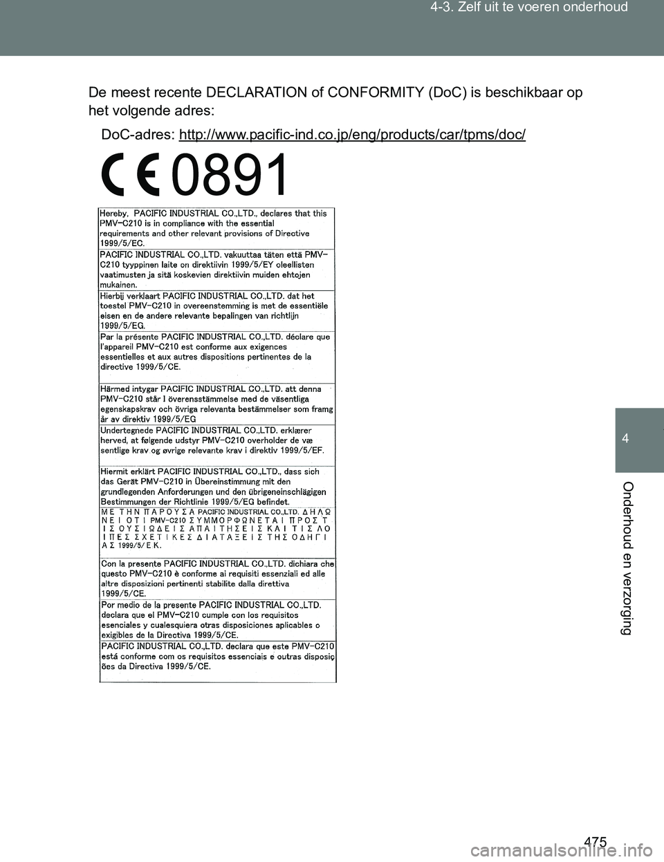 TOYOTA VERSO 2017 Instructieboekje (in Dutch) 475 4-3. Zelf uit te voeren onderhoud
4
Onderhoud en verzorging
VERSO_EE_OM64517E
De meest recente DECLARATION of CONFORMITY (DoC) is beschikbaar op
het volgende adres:
DoC-adres: http://www.pacific-i TOYOTA VERSO 2017 Instructieboekje (in Dutch) 475 4-3. Zelf uit te voeren onderhoud
4
Onderhoud en verzorging
VERSO_EE_OM64517E
De meest recente DECLARATION of CONFORMITY (DoC) is beschikbaar op
het volgende adres:
DoC-adres: http://www.pacific-i