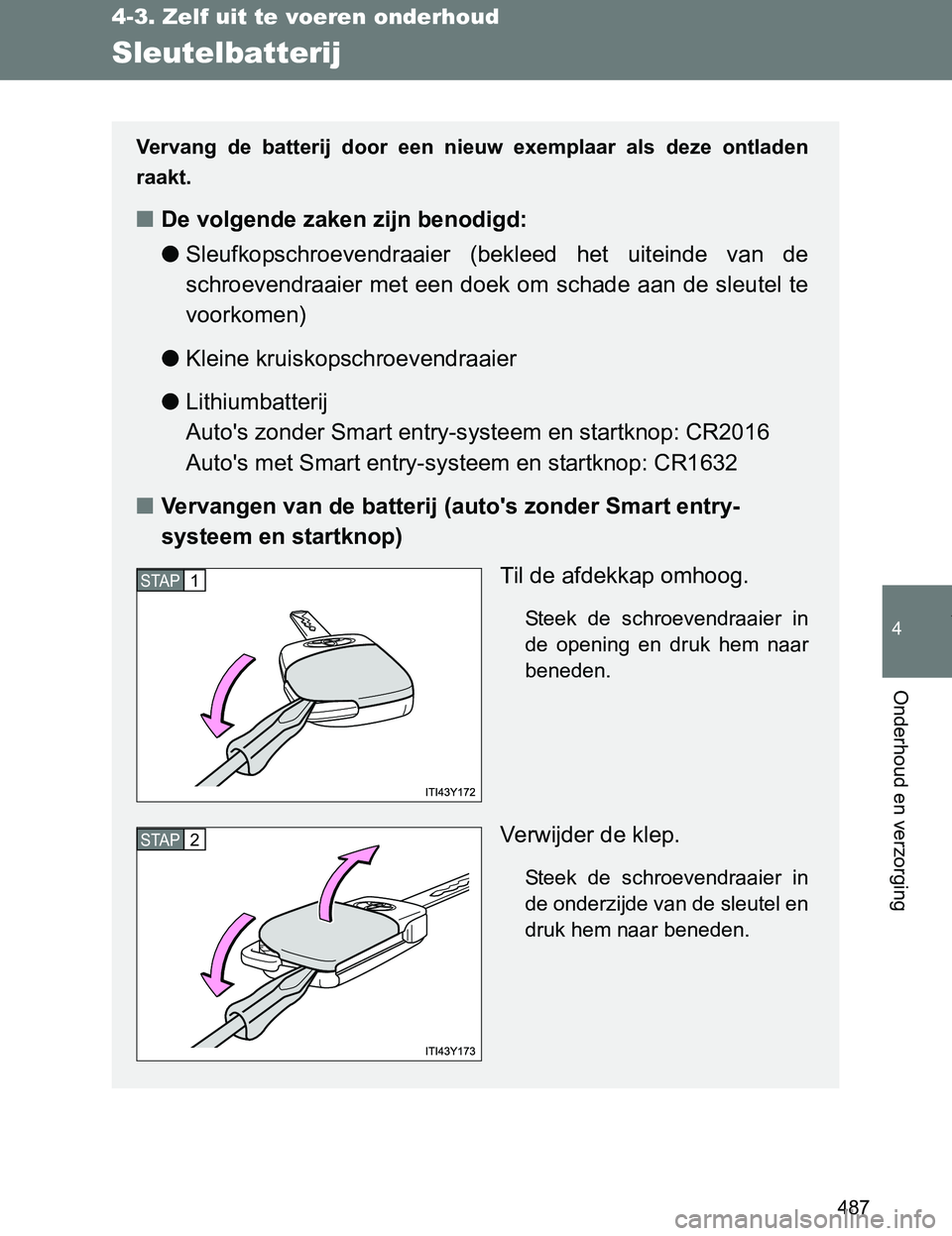 TOYOTA VERSO 2017 Instructieboekje (in Dutch) 487
4-3. Zelf uit te voeren onderhoud
4
Onderhoud en verzorging
VERSO_EE_OM64517E
Sleutelbatterij
Vervang de batterij door een nieuw exemplaar als deze ontladen
raakt.
■De volgende zaken zi TOYOTA VERSO 2017 Instructieboekje (in Dutch) 487
4-3. Zelf uit te voeren onderhoud
4
Onderhoud en verzorging
VERSO_EE_OM64517E
Sleutelbatterij
Vervang de batterij door een nieuw exemplaar als deze ontladen
raakt.
■De volgende zaken zi