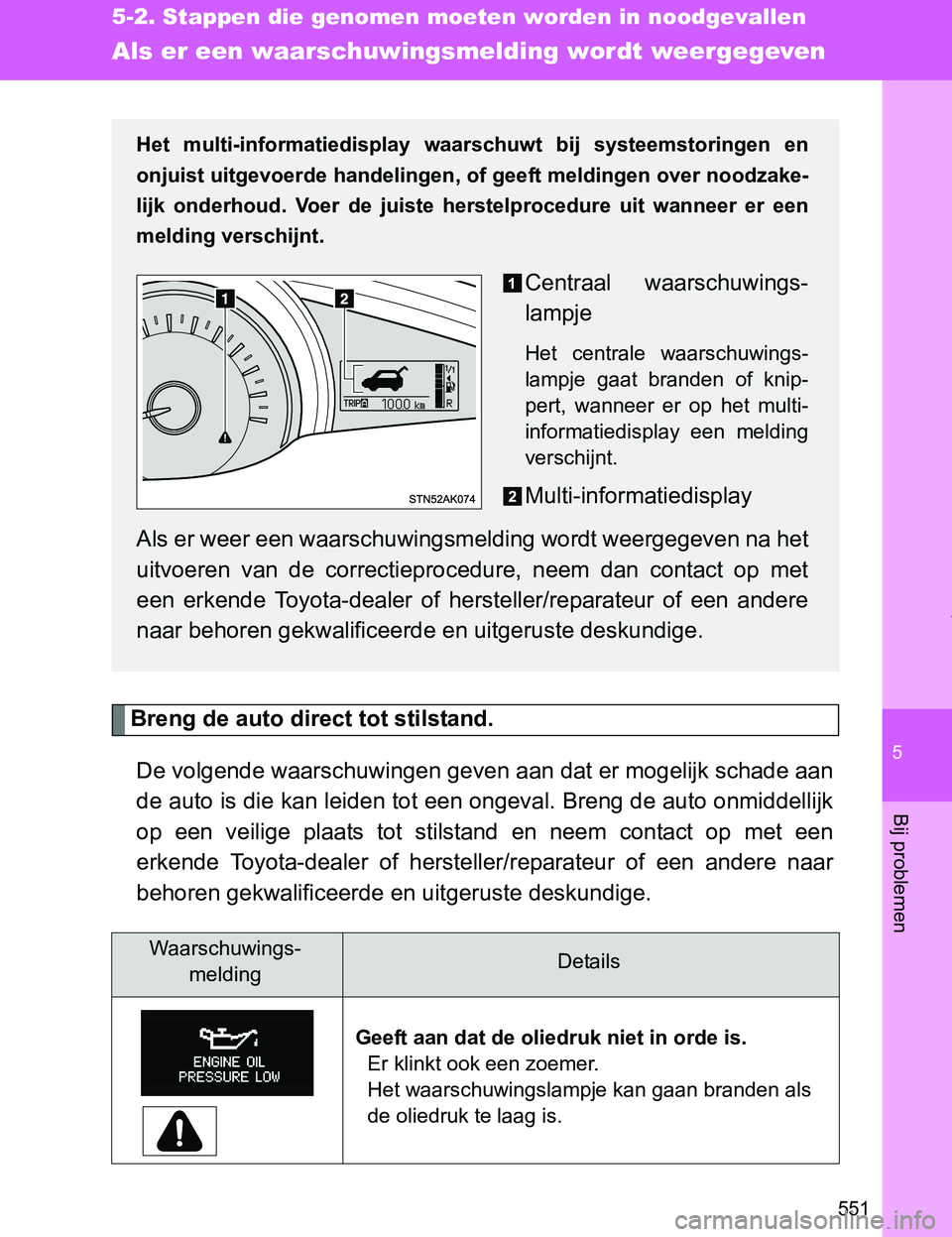 TOYOTA VERSO 2017  Instructieboekje (in Dutch) 5
551
5-2. Stappen die genomen moeten worden in noodgevallen
Bij problemen
VERSO_EE_OM64517E
Als er een waarschuwingsmelding wordt weergegeven
Breng de auto direct tot stilstand.
De volgende waarschuw
