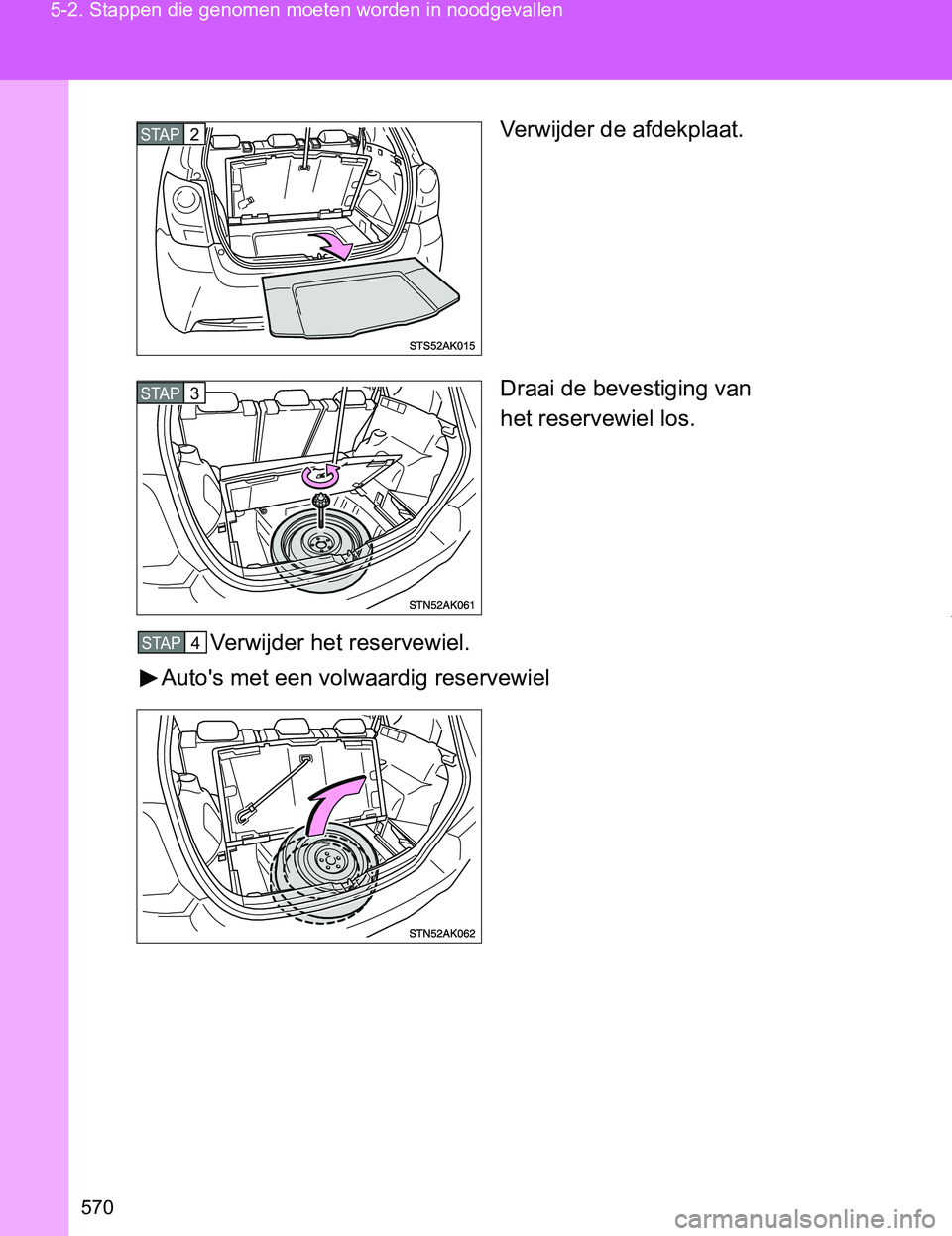 TOYOTA VERSO 2017  Instructieboekje (in Dutch) 570 5-2. Stappen die genomen moeten worden in noodgevallen
VERSO_EE_OM64517EVerwijder de afdekplaat.
Draai de bevestiging van 
het reservewiel los.
Verwijder het reservewiel.
Auto's met een volwaa