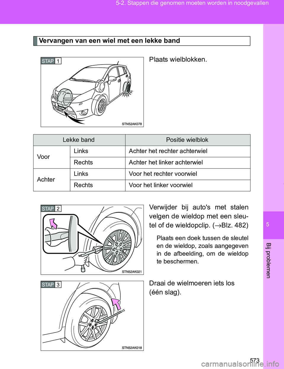 TOYOTA VERSO 2017  Instructieboekje (in Dutch) 5
573 5-2. Stappen die genomen moeten worden in noodgevallen
Bij problemen
VERSO_EE_OM64517E
Vervangen van een wiel met een lekke band
Plaats wielblokken.
Verwijder  bij  auto's  met  stalen
velge