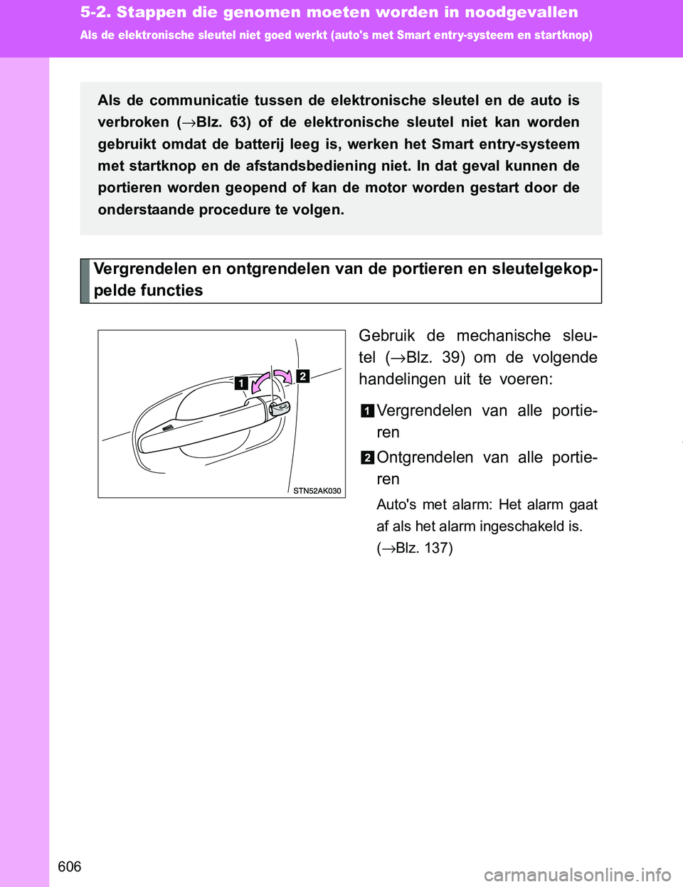 TOYOTA VERSO 2017 Instructieboekje (in Dutch) 606
5-2. Stappen die genomen moeten worden in noodgevallen
VERSO_EE_OM64517E
Als de elektronische sleutel niet goed werkt (autos met Smar t entr y-systeem en star tknop)
Vergrendelen en ontgrendelen TOYOTA VERSO 2017 Instructieboekje (in Dutch) 606
5-2. Stappen die genomen moeten worden in noodgevallen
VERSO_EE_OM64517E
Als de elektronische sleutel niet goed werkt (autos met Smar t entr y-systeem en star tknop)
Vergrendelen en ontgrendelen