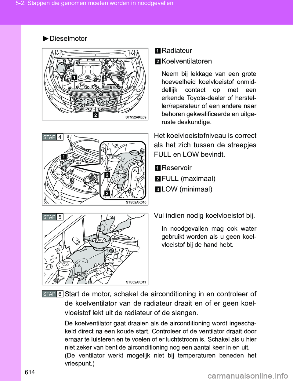 TOYOTA VERSO 2017 Instructieboekje (in Dutch) 614 5-2. Stappen die genomen moeten worden in noodgevallen
VERSO_EE_OM64517EDieselmotor
Radiateur
Koelventilatoren
Neem bij lekkage van een grote
hoeveelheid koelvloeistof onmid-
dellijk conta TOYOTA VERSO 2017 Instructieboekje (in Dutch) 614 5-2. Stappen die genomen moeten worden in noodgevallen
VERSO_EE_OM64517EDieselmotor
Radiateur
Koelventilatoren
Neem bij lekkage van een grote
hoeveelheid koelvloeistof onmid-
dellijk conta