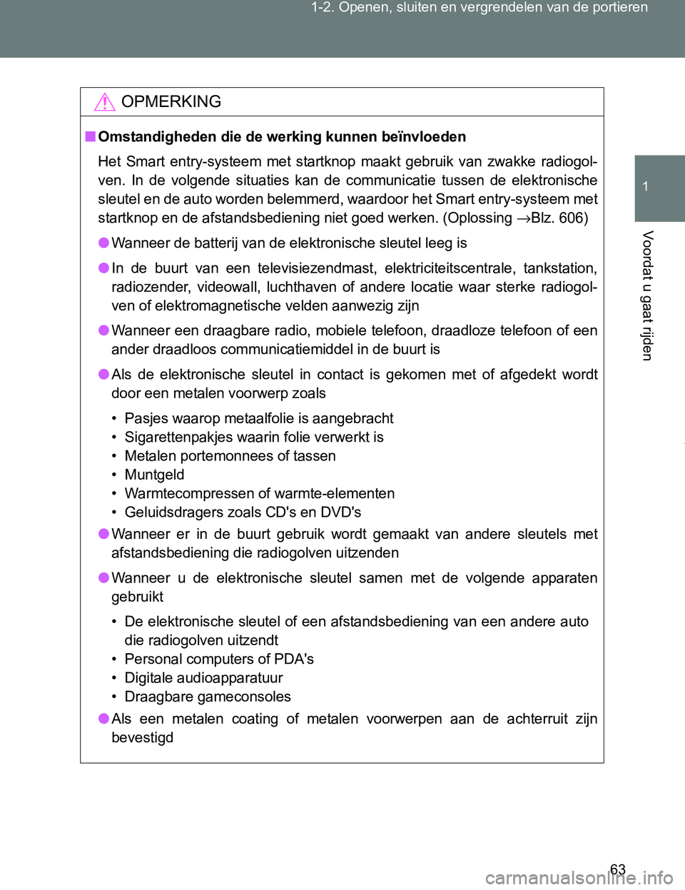 TOYOTA VERSO 2017 Instructieboekje (in Dutch) 63 1-2. Openen, sluiten en vergrendelen van de portieren
1
Voordat u gaat rijden
VERSO_EE_OM64517E
OPMERKING
■Omstandigheden die de werking kunnen beïnvloeden
Het Smart entry-systeem met startk TOYOTA VERSO 2017 Instructieboekje (in Dutch) 63 1-2. Openen, sluiten en vergrendelen van de portieren
1
Voordat u gaat rijden
VERSO_EE_OM64517E
OPMERKING
■Omstandigheden die de werking kunnen beïnvloeden
Het Smart entry-systeem met startk