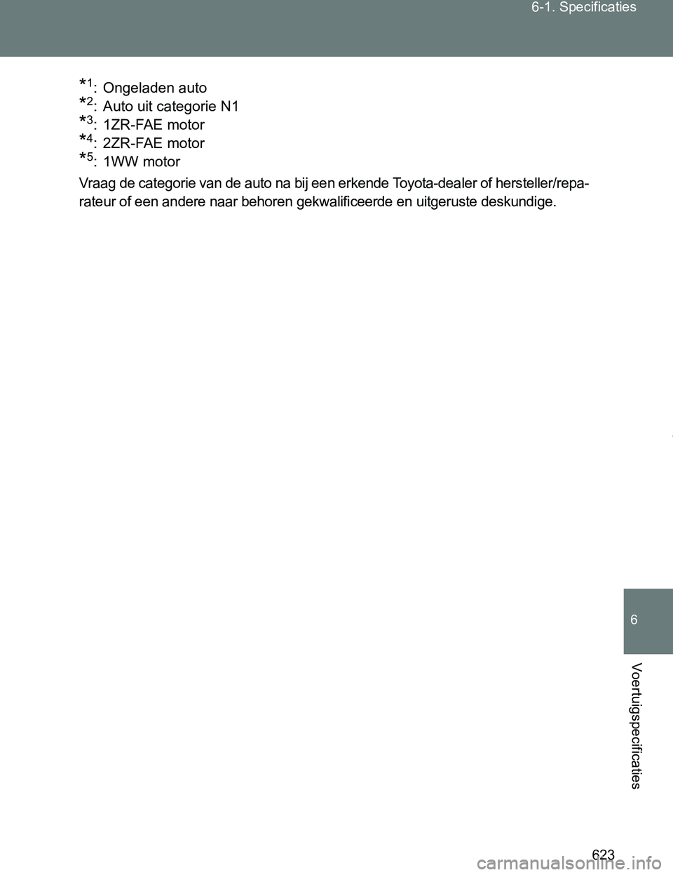 TOYOTA VERSO 2017 Instructieboekje (in Dutch) 623 6-1. Specificaties
6
Voertuigspecificaties
VERSO_EE_OM64517E
*1: Ongeladen auto
*2: Auto uit categorie N1
*3:1ZR-FAE motor
*4:2ZR-FAE motor
*5: 1WW motor
Vraag de categorie van de auto na bij een TOYOTA VERSO 2017 Instructieboekje (in Dutch) 623 6-1. Specificaties
6
Voertuigspecificaties
VERSO_EE_OM64517E
*1: Ongeladen auto
*2: Auto uit categorie N1
*3:1ZR-FAE motor
*4:2ZR-FAE motor
*5: 1WW motor
Vraag de categorie van de auto na bij een