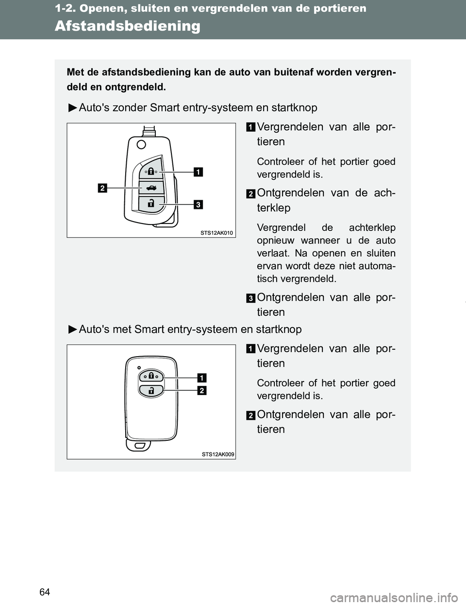 TOYOTA VERSO 2017 Instructieboekje (in Dutch) 64
1-2. Openen, sluiten en vergrendelen van de portieren
VERSO_EE_OM64517E
Afstandsbediening
Met de afstandsbediening kan de auto van buitenaf worden vergren-
deld en ontgrendeld.
Auto's zonder Sm TOYOTA VERSO 2017 Instructieboekje (in Dutch) 64
1-2. Openen, sluiten en vergrendelen van de portieren
VERSO_EE_OM64517E
Afstandsbediening
Met de afstandsbediening kan de auto van buitenaf worden vergren-
deld en ontgrendeld.
Auto's zonder Sm