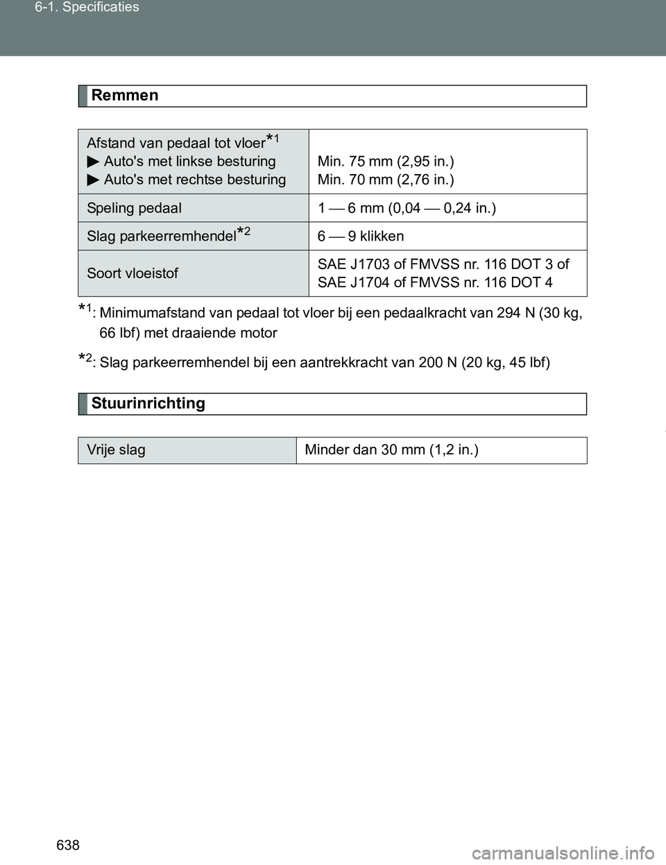 TOYOTA VERSO 2017  Instructieboekje (in Dutch) 638 6-1. Specificaties
VERSO_EE_OM64517E
Remmen
*1: Minimumafstand van pedaal tot vloer bij een pedaalkracht van 294 N (30 kg,
66 lbf) met draaiende motor
*2: Slag parkeerremhendel bij een aantrekkrac