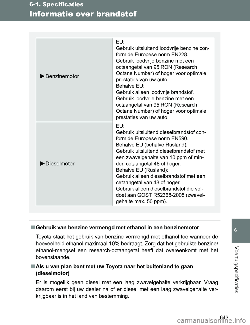 TOYOTA VERSO 2017 Instructieboekje (in Dutch) 643
6-1. Specificaties
6
Voertuigspecificaties
VERSO_EE_OM64517E
Infor matie over brandstof
■Gebruik van benzine vermengd met ethanol in een benzinemotor
Toyota staat het gebruik van benzine v TOYOTA VERSO 2017 Instructieboekje (in Dutch) 643
6-1. Specificaties
6
Voertuigspecificaties
VERSO_EE_OM64517E
Infor matie over brandstof
■Gebruik van benzine vermengd met ethanol in een benzinemotor
Toyota staat het gebruik van benzine v