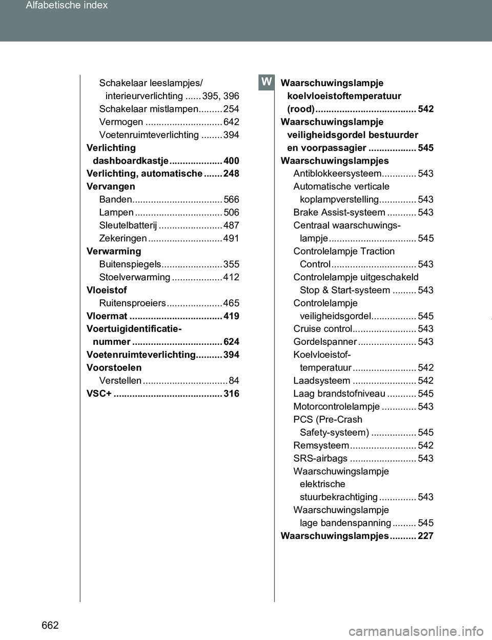 TOYOTA VERSO 2017 Instructieboekje (in Dutch) 662 Alfabetische index
VERSO_EE_OM64517E
Schakelaar leeslampjes/
interieurverlichting ...... 395, 396
Schakelaar mistlampen......... 254
Vermogen ............................. 642
Voetenruimteverlicht TOYOTA VERSO 2017 Instructieboekje (in Dutch) 662 Alfabetische index
VERSO_EE_OM64517E
Schakelaar leeslampjes/
interieurverlichting ...... 395, 396
Schakelaar mistlampen......... 254
Vermogen ............................. 642
Voetenruimteverlicht