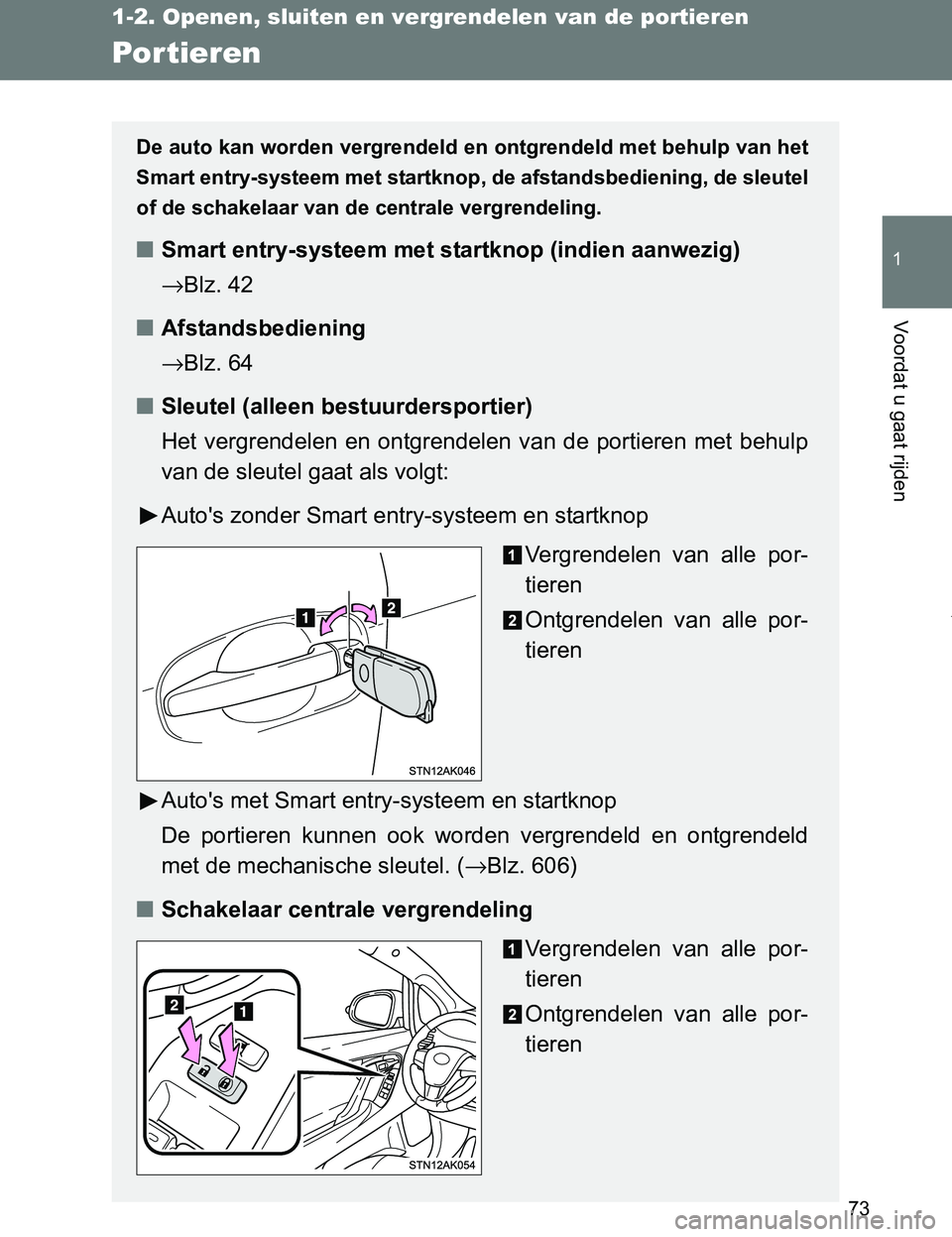 TOYOTA VERSO 2017 Instructieboekje (in Dutch) 73
1
1-2. Openen, sluiten en vergrendelen van de portieren
Voordat u gaat rijden
VERSO_EE_OM64517E
Por tieren
De auto kan worden vergrendeld en ontgrendeld met behulp van het
Smart entry-systeem met s TOYOTA VERSO 2017 Instructieboekje (in Dutch) 73
1
1-2. Openen, sluiten en vergrendelen van de portieren
Voordat u gaat rijden
VERSO_EE_OM64517E
Por tieren
De auto kan worden vergrendeld en ontgrendeld met behulp van het
Smart entry-systeem met s