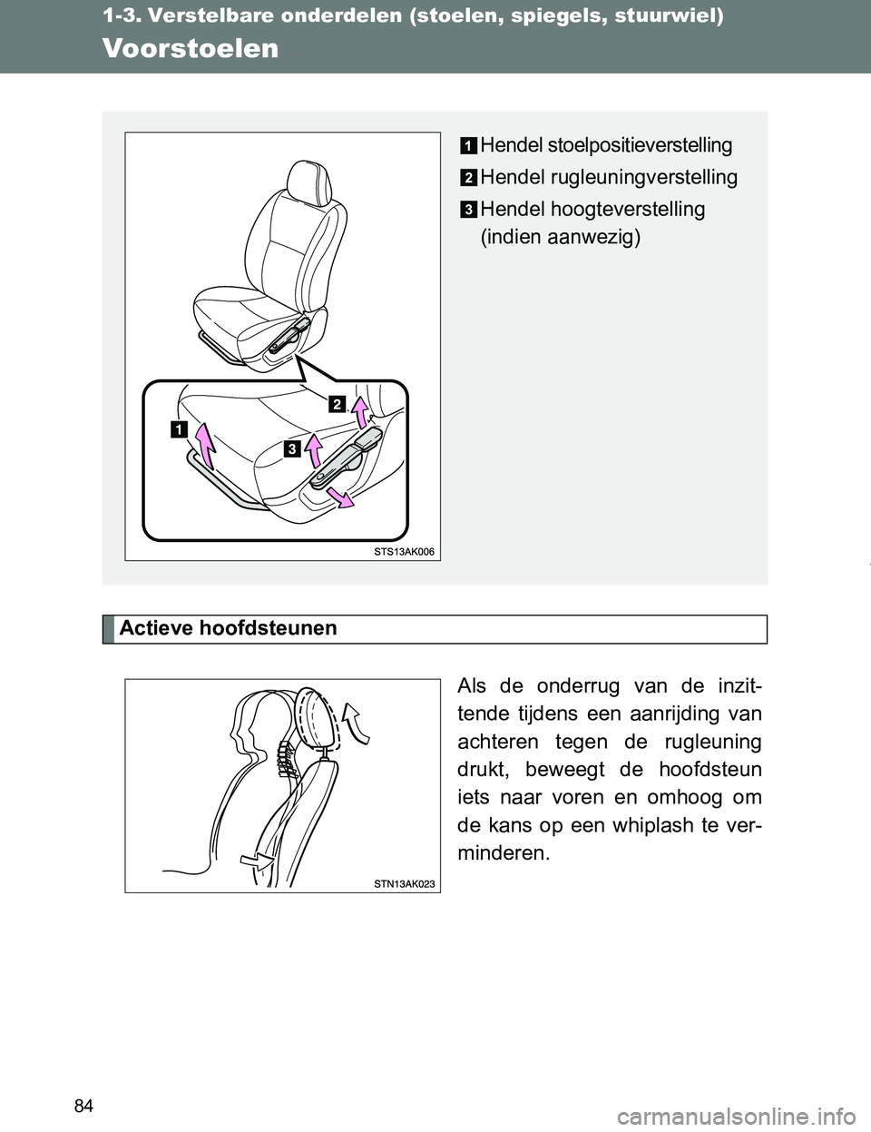 TOYOTA VERSO 2017 Instructieboekje (in Dutch) 84
VERSO_EE_OM64517E
1-3. Verstelbare onderdelen (stoelen, spiegels, stuurwiel)
Voorstoelen
Actieve hoofdsteunen
Als de onderrug van de inzit-
tende tijdens een aanrijding van
achteren tegen TOYOTA VERSO 2017 Instructieboekje (in Dutch) 84
VERSO_EE_OM64517E
1-3. Verstelbare onderdelen (stoelen, spiegels, stuurwiel)
Voorstoelen
Actieve hoofdsteunen
Als de onderrug van de inzit-
tende tijdens een aanrijding van
achteren tegen