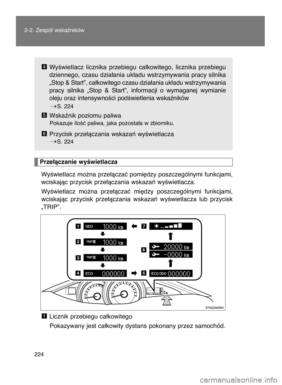 TOYOTA VERSO 2017 Instrukcja obsługi (in Polish) 224 2-2. Zespó∏ wskaêników
WyÊwietlacz licznika przebiegu ca∏kowitego, licznika przebiegu
dziennego, czasu dzia∏ania uk∏adu wstrzymywania pracy silnika
„Stop & Start”, ca∏kowite TOYOTA VERSO 2017 Instrukcja obsługi (in Polish) 224 2-2. Zespó∏ wskaêników
WyÊwietlacz licznika przebiegu ca∏kowitego, licznika przebiegu
dziennego, czasu dzia∏ania uk∏adu wstrzymywania pracy silnika
„Stop & Start”, ca∏kowite