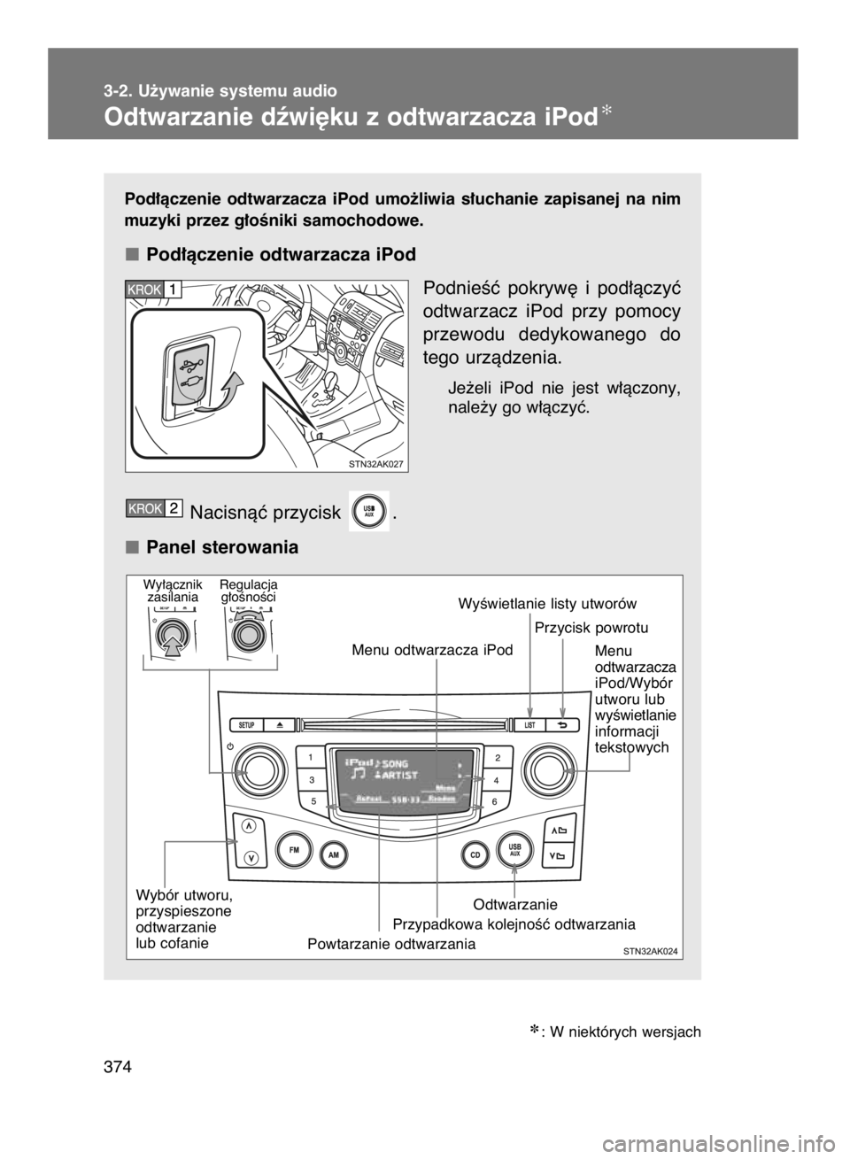 TOYOTA VERSO 2017 Instrukcja obsługi (in Polish) Pod∏àczenie odtwarzacza iPod umo˝liwia s∏uchanie zapisanej na nim
muzyki przez g∏oÊniki samochodowe.
Pod∏àczenie odtwarzacza iPod
PodnieÊç pokryw´ i pod∏àczyç
odtwarzacz i TOYOTA VERSO 2017 Instrukcja obsługi (in Polish) Pod∏àczenie odtwarzacza iPod umo˝liwia s∏uchanie zapisanej na nim
muzyki przez g∏oÊniki samochodowe.
Pod∏àczenie odtwarzacza iPod
PodnieÊç pokryw´ i pod∏àczyç
odtwarzacz i