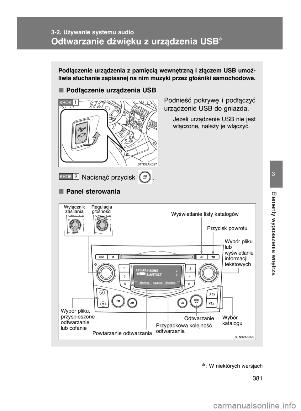 TOYOTA VERSO 2017  Instrukcja obsługi (in Polish) Pod∏àczenie  urzàdzenia  z pami´cià  wewn´trznà  i z∏àczem  USB  umo˝-
liwia s∏uchanie zapisanej na nim muzyki przez g∏oÊniki samochodowe.
Pod∏àczenie urzàdzenia USB
PodnieÊç  p